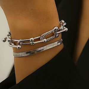 Sterling Silver U Link Rhinestone Multilayer Two Piece Herringbone Brace…